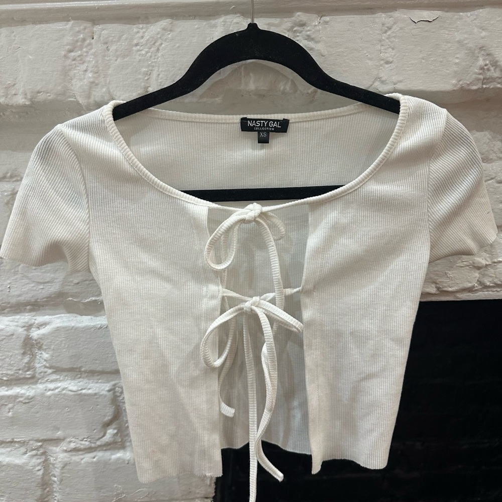 Nasty Gal White Ribbed Tie-Front Top